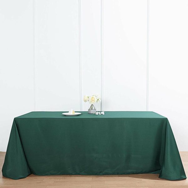 Polyester |  90″x132″ Hunter Emerald Green Seamless Polyester Rectangular Tablecloth for 6 Foot Table With Floor-Length Drop