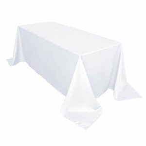 Polyester |  90″x132″ White Seamless Polyester Rectangular Tablecloth for 6 Foot Table With Floor-Length Drop