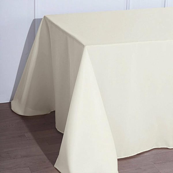 Polyester |  90″x156″ Ivory Seamless Polyester Rectangular Tablecloth for 8 Foot Table With Floor-Length Drop