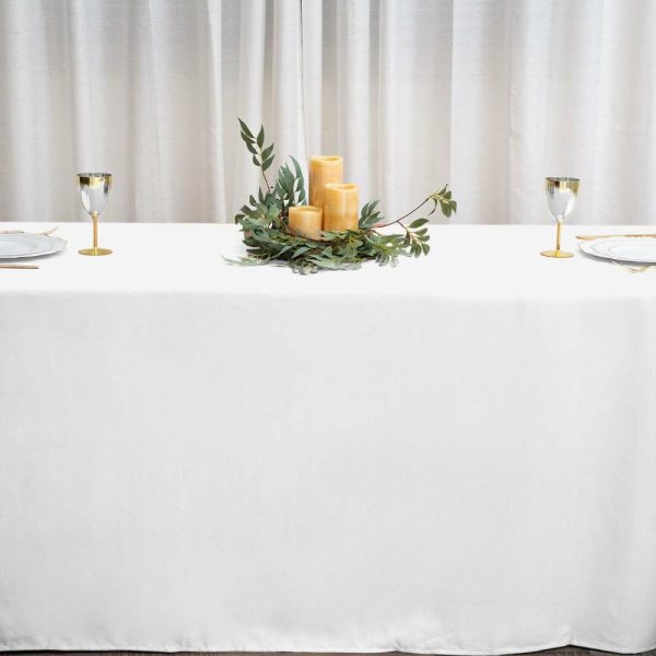 Polyester |  90″x156″ White Seamless Polyester Rectangular Tablecloth for 8 Foot Table With Floor-Length Drop