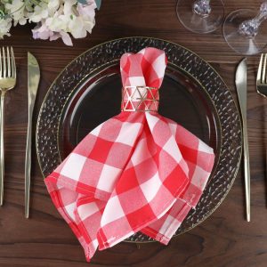 Polyester Napkins |  5 Pack Red White Buffalo Plaid Cloth Dinner Napkins, Gingham Style 15″x15″