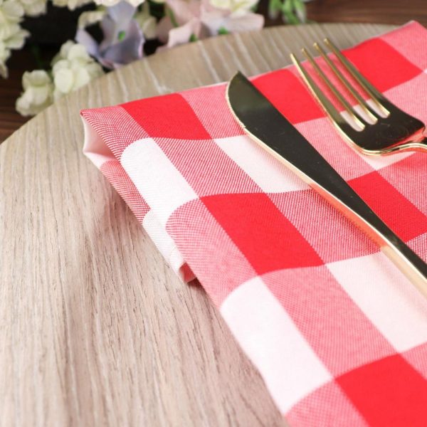 Polyester Napkins |  5 Pack Red White Buffalo Plaid Cloth Dinner Napkins, Gingham Style 15″x15″