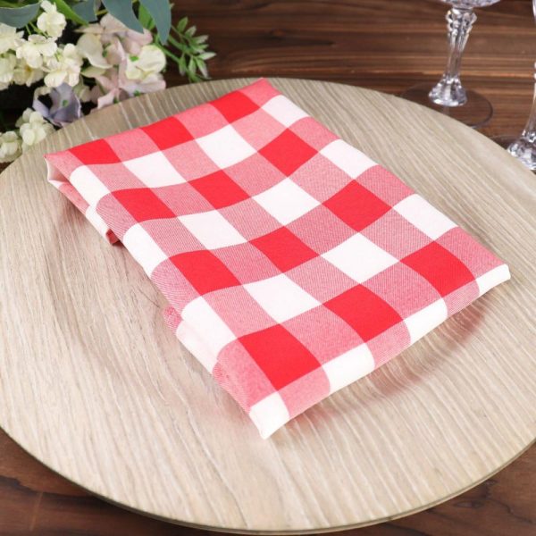 Polyester Napkins |  5 Pack Red White Buffalo Plaid Cloth Dinner Napkins, Gingham Style 15″x15″