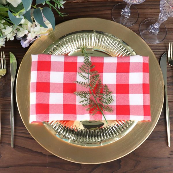 Polyester Napkins |  5 Pack Red White Buffalo Plaid Cloth Dinner Napkins, Gingham Style 15″x15″