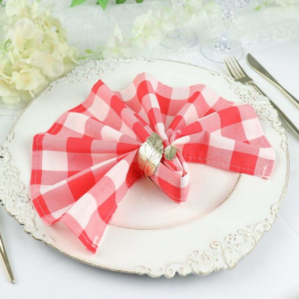 Polyester Napkins |  5 Pack Red White Buffalo Plaid Cloth Dinner Napkins, Gingham Style 15″x15″