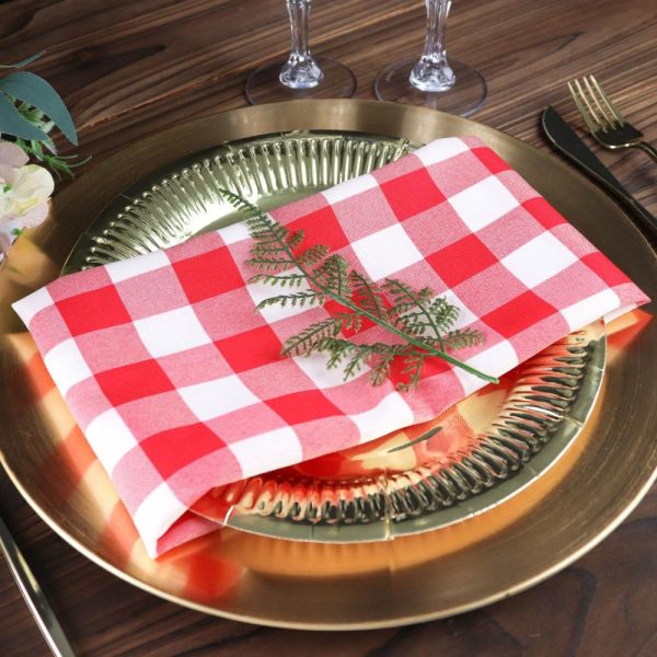 Polyester Napkins |  5 Pack Red White Buffalo Plaid Cloth Dinner Napkins, Gingham Style 15″x15″