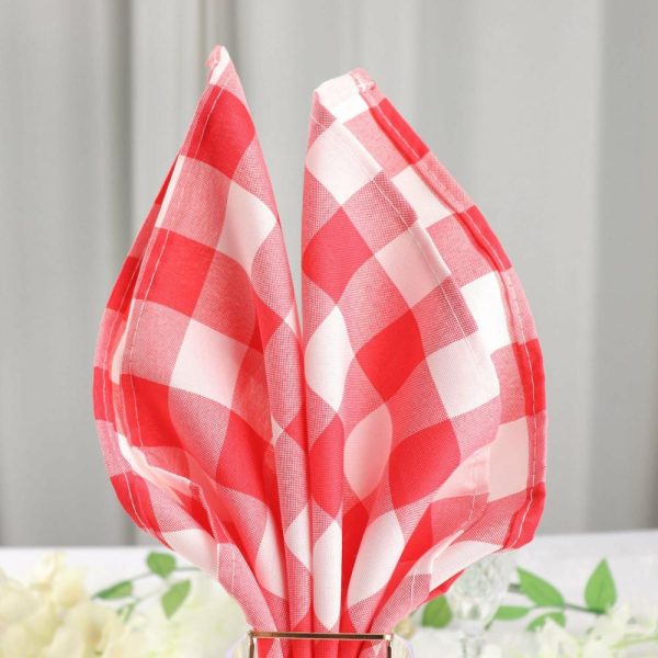 Polyester Napkins |  5 Pack Red White Buffalo Plaid Cloth Dinner Napkins, Gingham Style 15″x15″