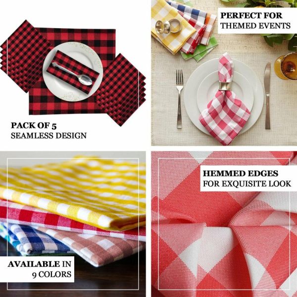 Polyester Napkins |  5 Pack Red White Buffalo Plaid Cloth Dinner Napkins, Gingham Style 15″x15″