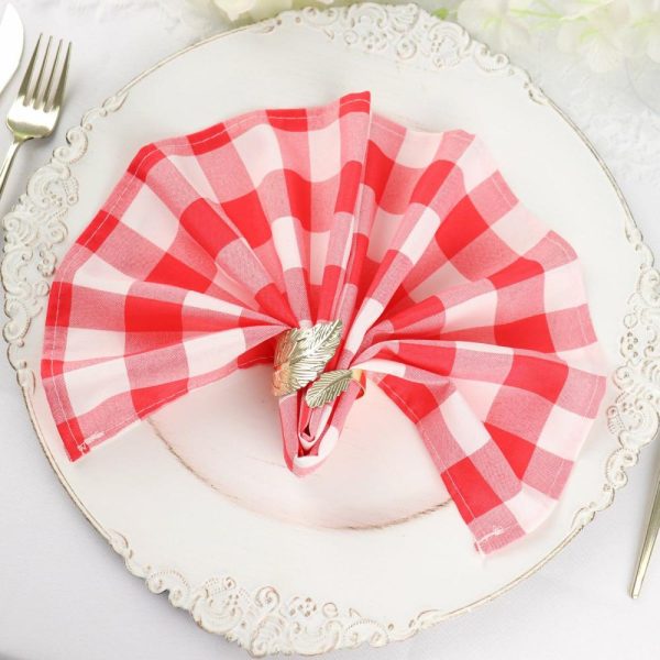 Polyester Napkins |  5 Pack Red White Buffalo Plaid Cloth Dinner Napkins, Gingham Style 15″x15″