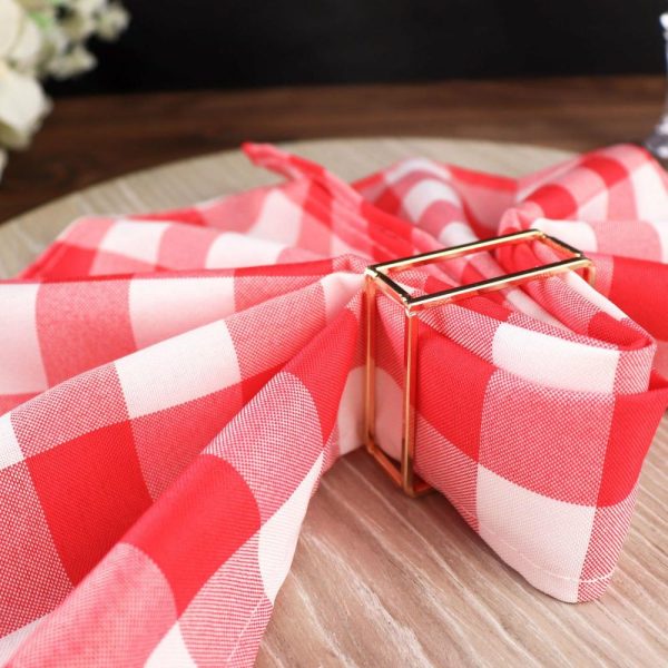 Polyester Napkins |  5 Pack Red White Buffalo Plaid Cloth Dinner Napkins, Gingham Style 15″x15″