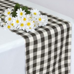 Polyester Runners |  14″x108″ Black White Gingham Polyester Checkered Table Runner, Buffalo Plaid Table Runner