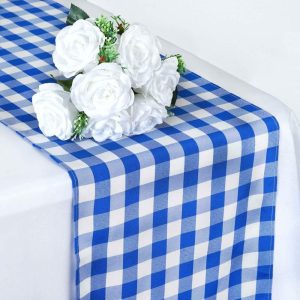 Polyester Runners |  14″x108″ Blue White Gingham Polyester Checkered Table Runner, Buffalo Plaid Table Runner