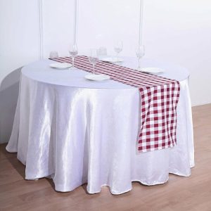 Polyester Runners |  14″x108″ Burgundy White Gingham Polyester Checkered Table Runner, Buffalo Plaid Table Runner