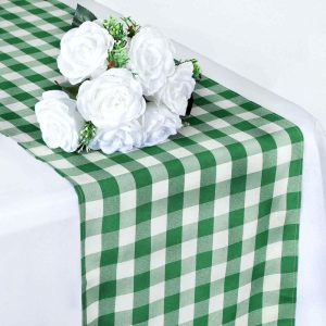 Polyester Runners |  14″x108″ Green White Gingham Polyester Checkered Table Runner, Buffalo Plaid Table Runner