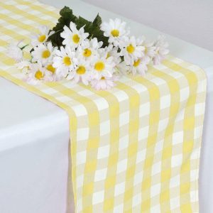 Polyester Runners |  14″x108″ Yellow White Gingham Polyester Checkered Table Runner, Buffalo Plaid Table Runner