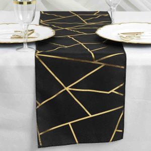 Polyester Runners |  9ft Black Gold Foil Geometric Pattern Polyester Table Runner