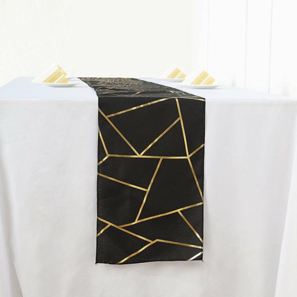 Polyester Runners |  9ft Black Gold Foil Geometric Pattern Polyester Table Runner