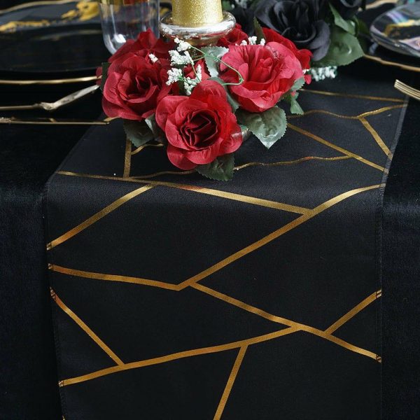 Polyester Runners |  9ft Black Gold Foil Geometric Pattern Polyester Table Runner