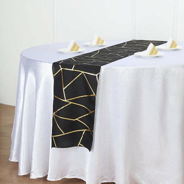 Polyester Runners |  9ft Black Gold Foil Geometric Pattern Polyester Table Runner