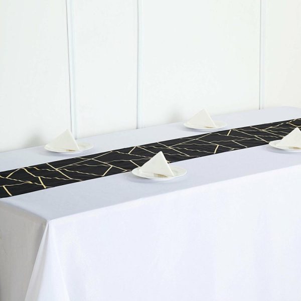 Polyester Runners |  9ft Black Gold Foil Geometric Pattern Polyester Table Runner