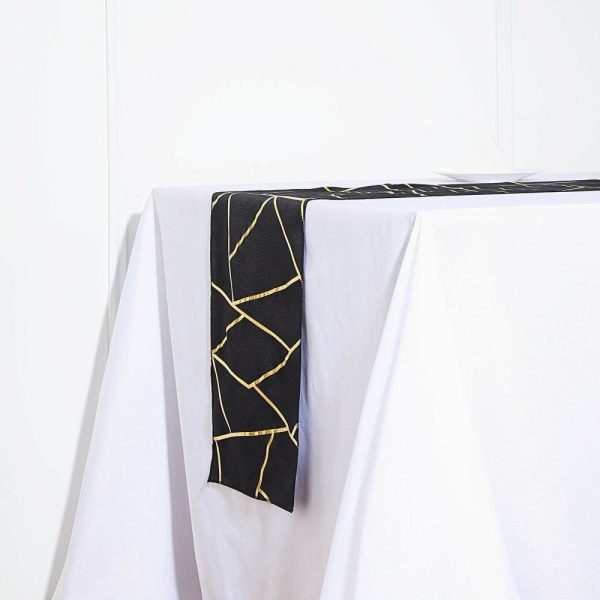 Polyester Runners |  9ft Black Gold Foil Geometric Pattern Polyester Table Runner