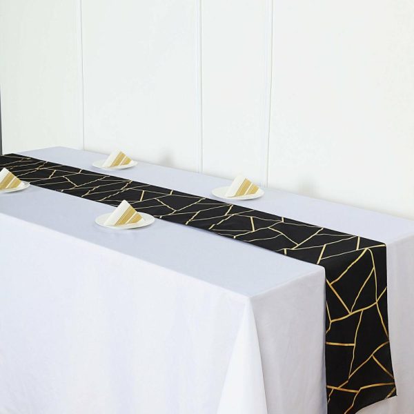 Polyester Runners |  9ft Black Gold Foil Geometric Pattern Polyester Table Runner