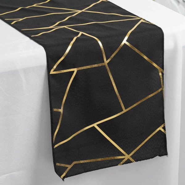 Polyester Runners |  9ft Black Gold Foil Geometric Pattern Polyester Table Runner