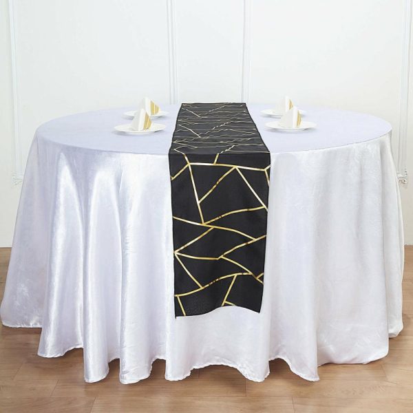 Polyester Runners |  9ft Black Gold Foil Geometric Pattern Polyester Table Runner