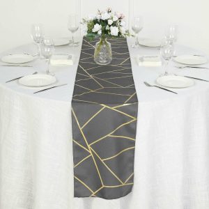 Polyester Runners |  9ft Charcoal Gray Gold Foil Geometric Pattern Polyester Table Runner