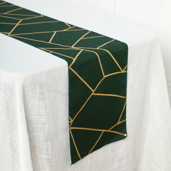 Polyester Runners |  9ft Hunter Emerald Green Gold Foil Geometric Pattern Polyester Table Runner