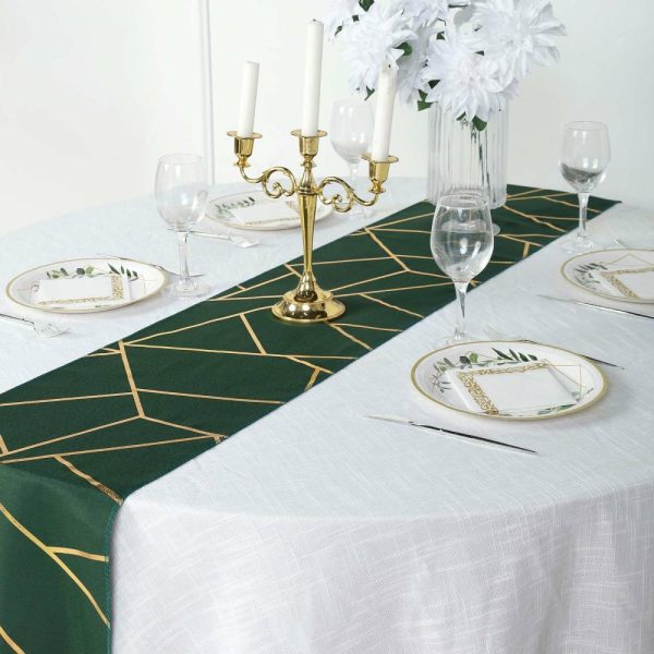 Polyester Runners |  9ft Hunter Emerald Green Gold Foil Geometric Pattern Polyester Table Runner