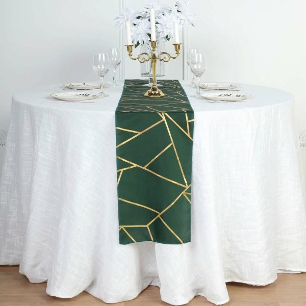 Polyester Runners |  9ft Hunter Emerald Green Gold Foil Geometric Pattern Polyester Table Runner