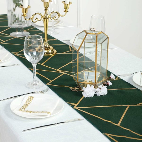 Polyester Runners |  9ft Hunter Emerald Green Gold Foil Geometric Pattern Polyester Table Runner