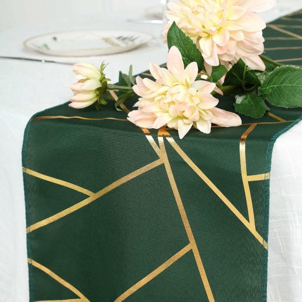 Polyester Runners |  9ft Hunter Emerald Green Gold Foil Geometric Pattern Polyester Table Runner