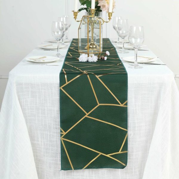 Polyester Runners |  9ft Hunter Emerald Green Gold Foil Geometric Pattern Polyester Table Runner