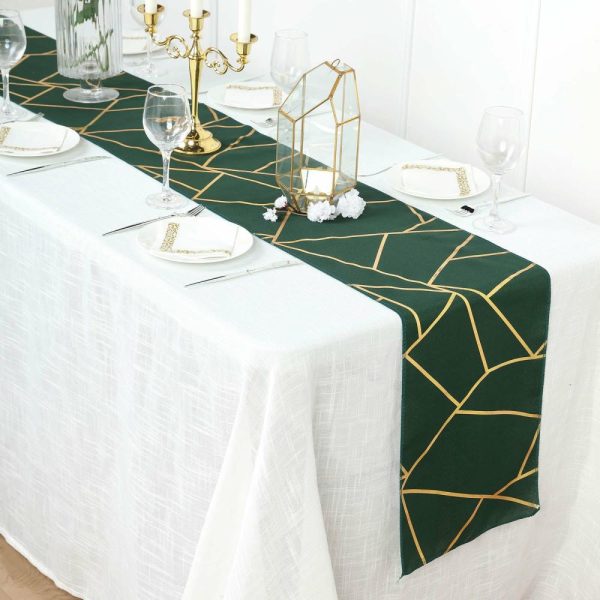 Polyester Runners |  9ft Hunter Emerald Green Gold Foil Geometric Pattern Polyester Table Runner