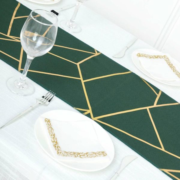 Polyester Runners |  9ft Hunter Emerald Green Gold Foil Geometric Pattern Polyester Table Runner