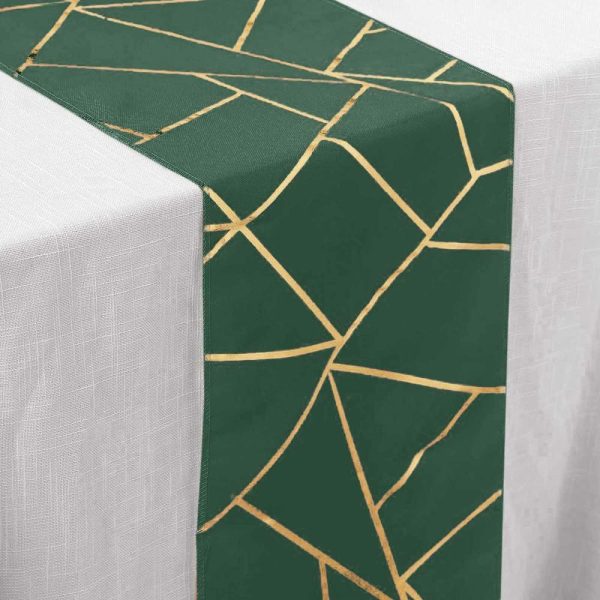 Polyester Runners |  9ft Hunter Emerald Green Gold Foil Geometric Pattern Polyester Table Runner