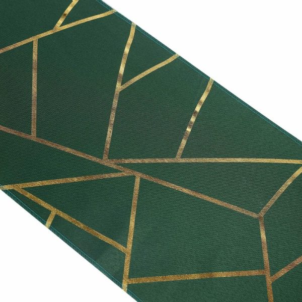 Polyester Runners |  9ft Hunter Emerald Green Gold Foil Geometric Pattern Polyester Table Runner