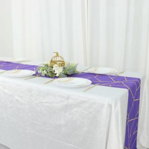 Polyester Runners |  9ft Purple With Gold Foil Geometric Pattern Table Runner