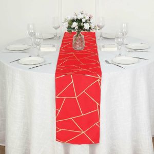 Polyester Runners |  9ft Red Gold Foil Geometric Pattern Polyester Table Runner