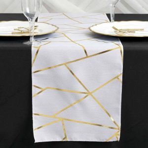 Polyester Runners |  9ft White Gold Foil Geometric Pattern Polyester Table Runner