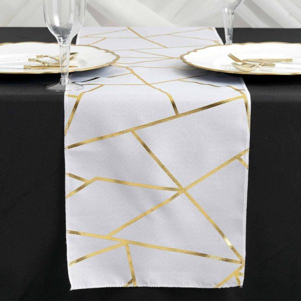 Polyester Runners |  9ft White Gold Foil Geometric Pattern Polyester Table Runner