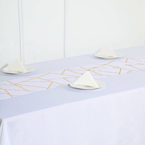 Polyester Runners |  9ft White Gold Foil Geometric Pattern Polyester Table Runner