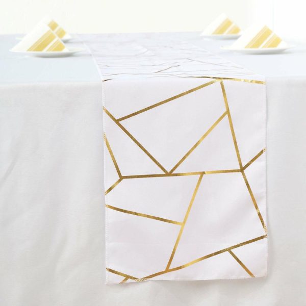 Polyester Runners |  9ft White Gold Foil Geometric Pattern Polyester Table Runner