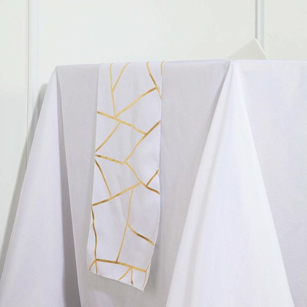 Polyester Runners |  9ft White Gold Foil Geometric Pattern Polyester Table Runner