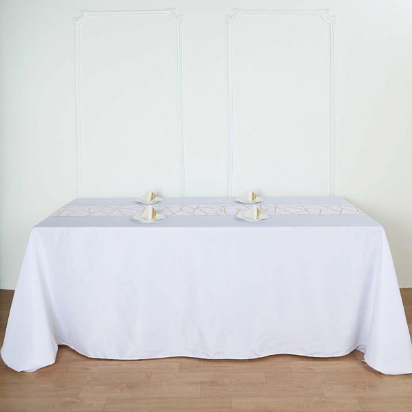 Polyester Runners |  9ft White Gold Foil Geometric Pattern Polyester Table Runner