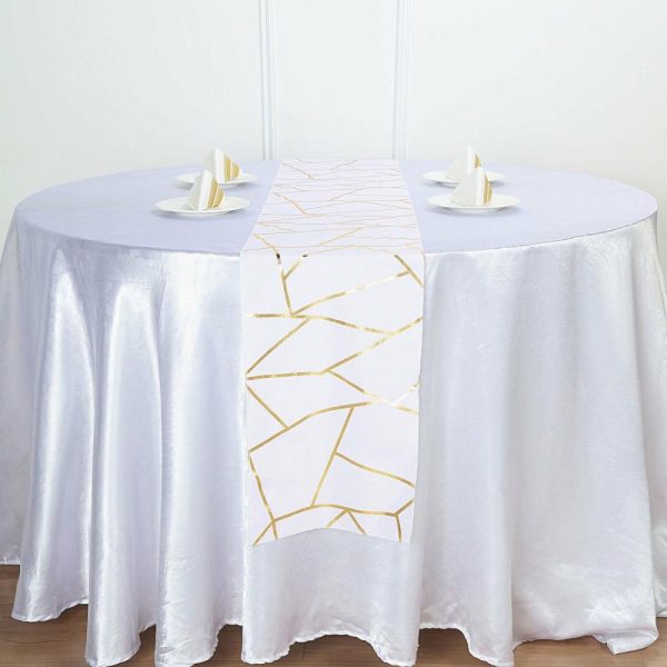 Polyester Runners |  9ft White Gold Foil Geometric Pattern Polyester Table Runner