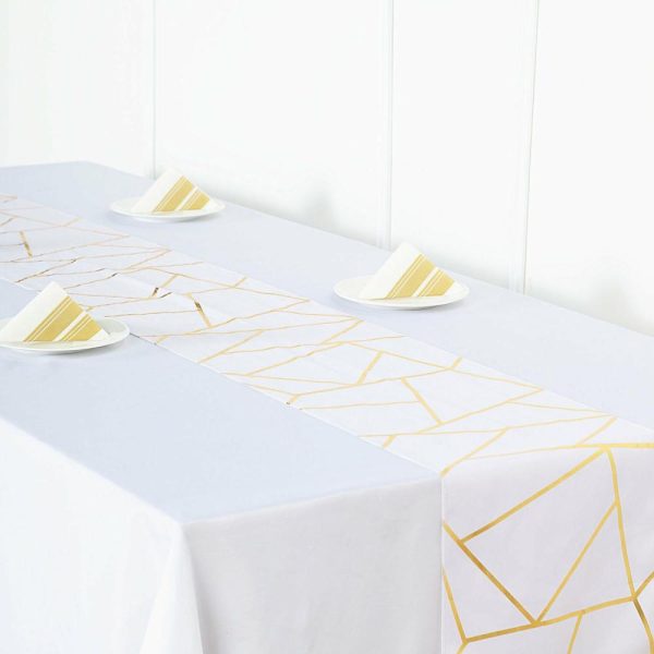 Polyester Runners |  9ft White Gold Foil Geometric Pattern Polyester Table Runner