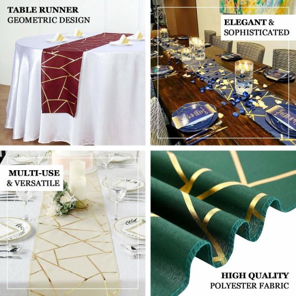 Polyester Runners |  9ft White Gold Foil Geometric Pattern Polyester Table Runner